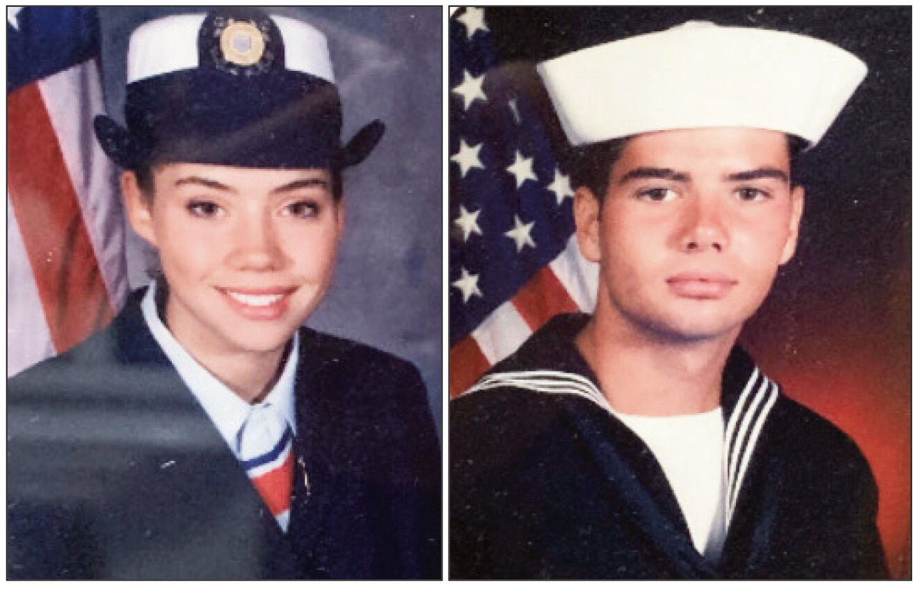 (Left) U.S. Coast Guard Boot Camp photo of Norma Theriault, and (right) U.S. Navy Boot Camp photo of James Theriault.
